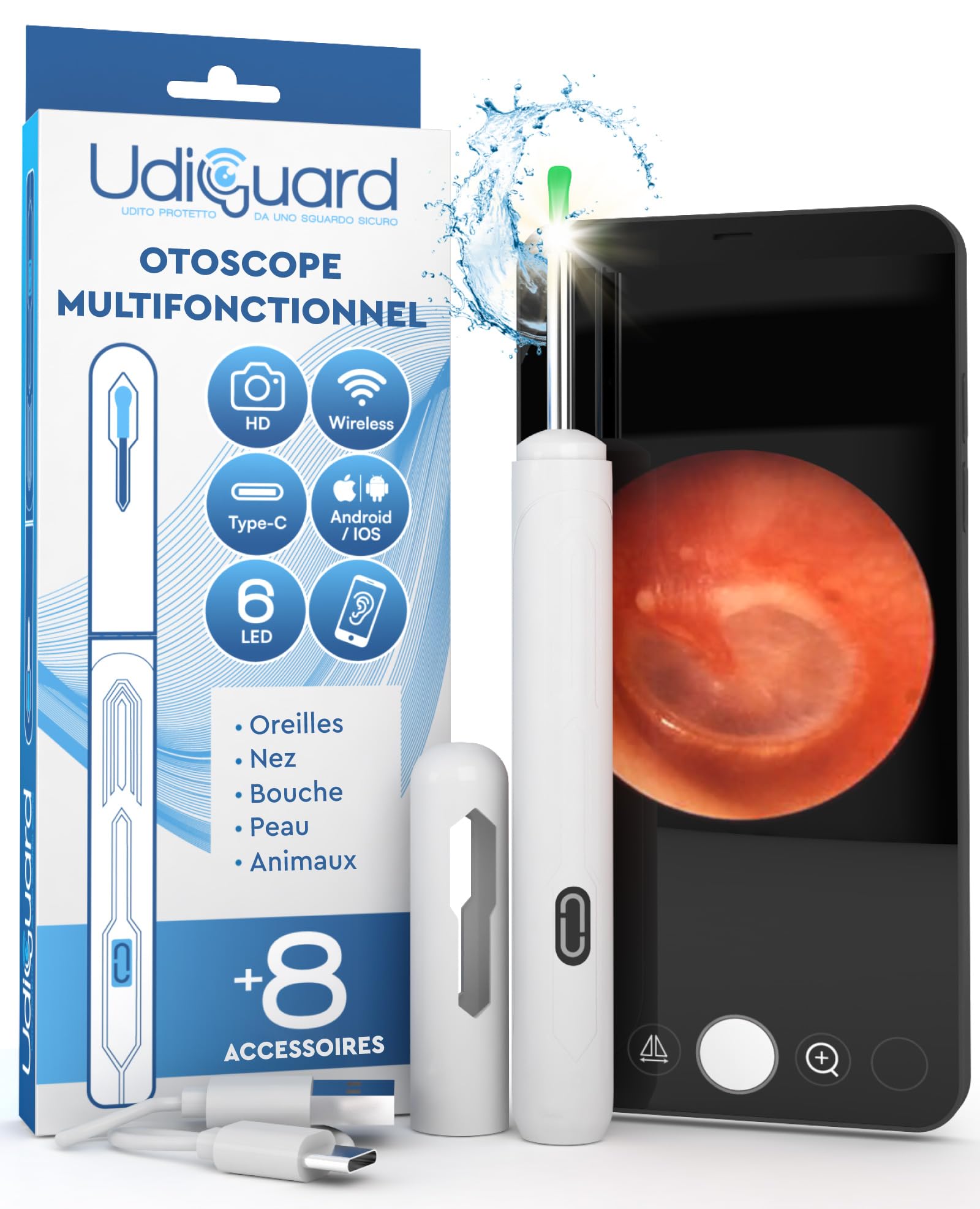 Otoscope Oreille avec Caméra 1920p 3,6mm Étanche WiFi Elimination du Cérumen - UdiGuard Endoscope Nettoyant Oreille Blanc 6 Lumières LED Animaux Adultes Enfants - Compatible avec iPhone iPad Android