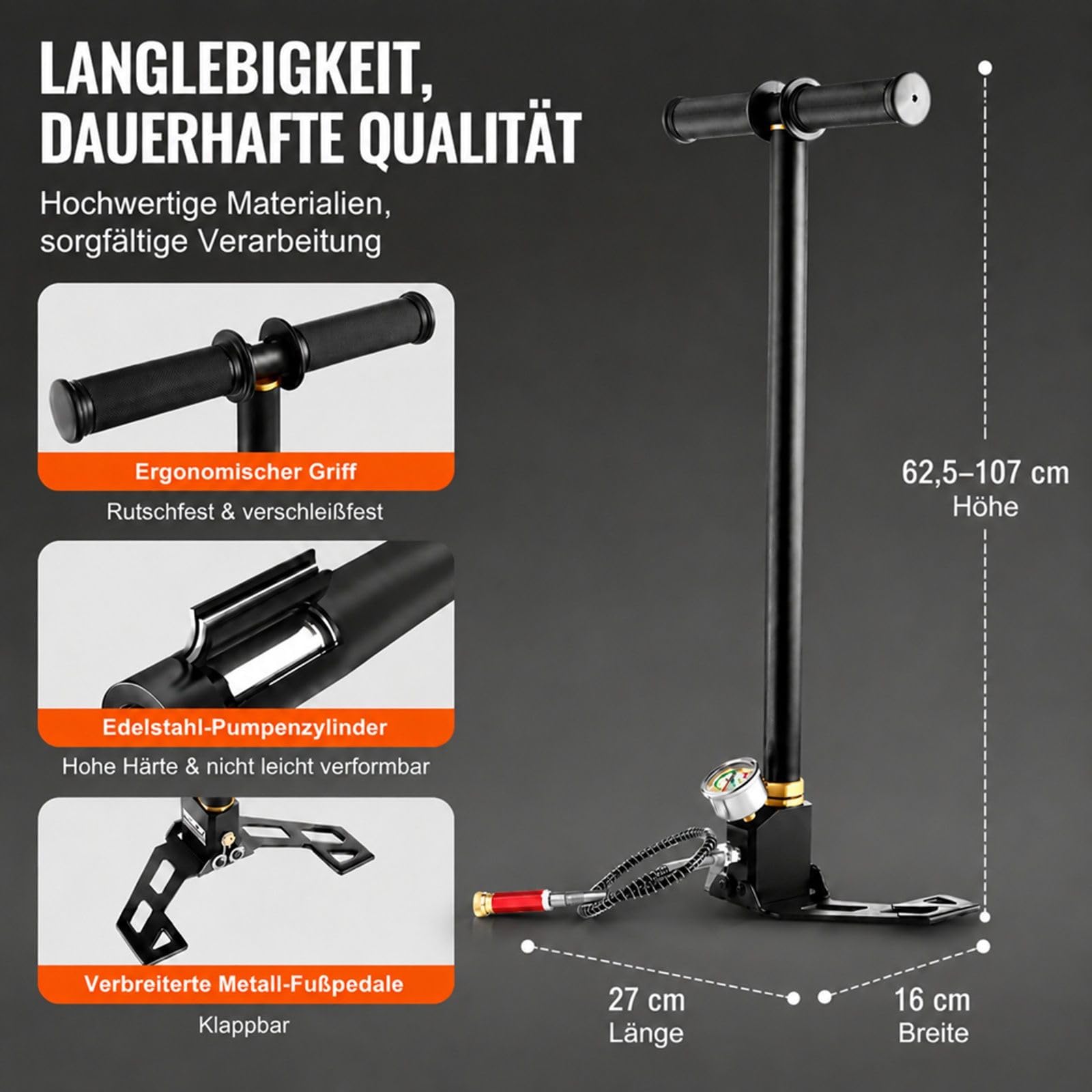 PCP Standpumpe mit Manometer, Edelstahlgehäuse für Fahrrad und Auto