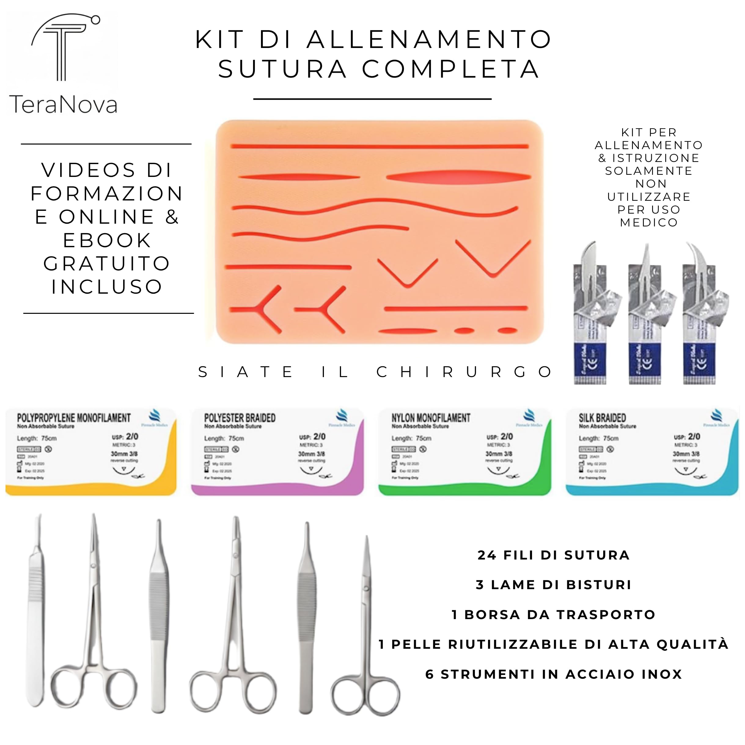 Kit di Sutura Completo 33 Pezzi per Studenti di Medicina, Infermieristica e Veterinaria – Cuscinetto Silicone 3 Strati con 14 Ferite, 6 Strumenti, 24 Fili (4 Tipi), 3 Lame, Ebook e Corso Video