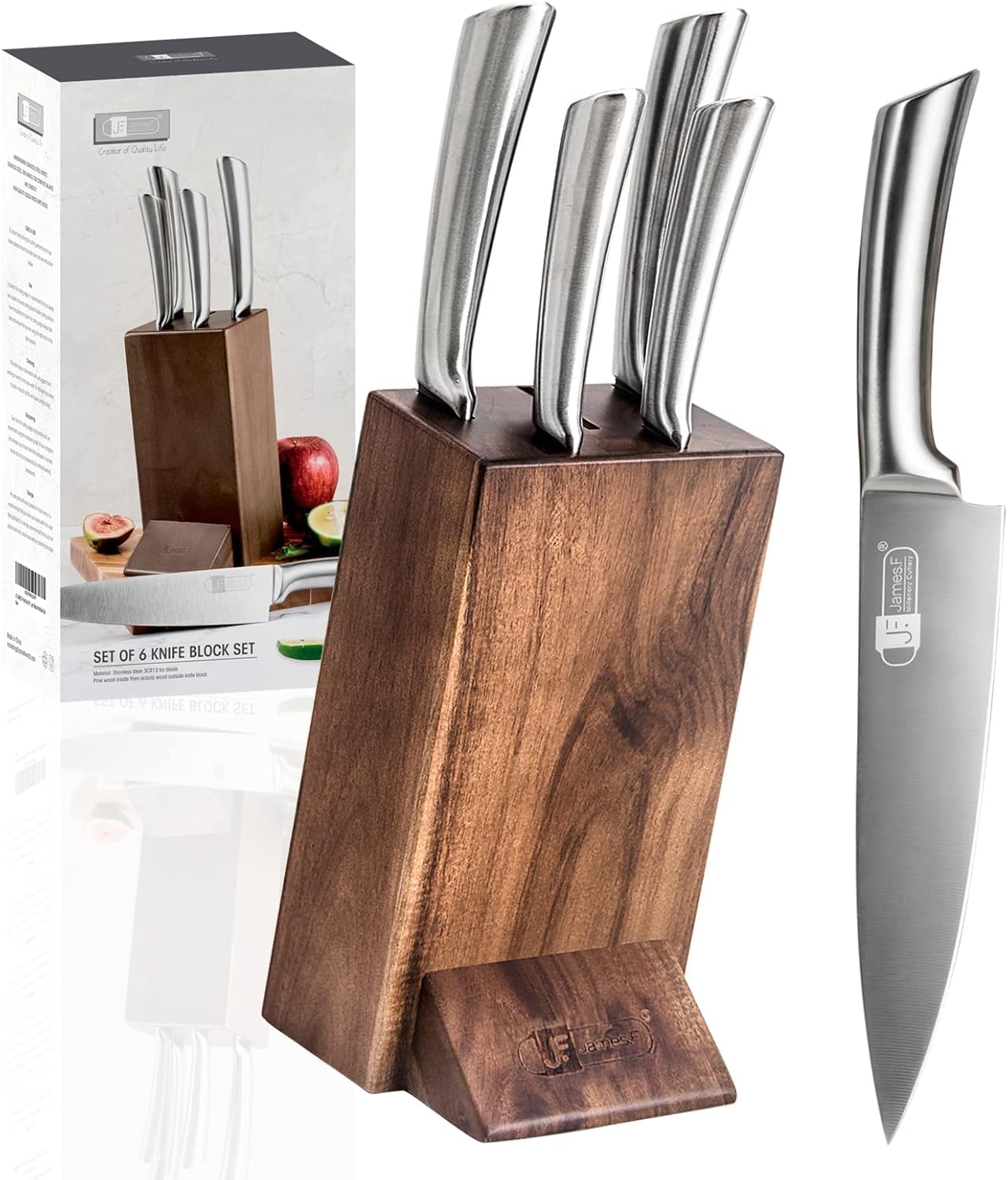 Bloc de couteaux en bois avec couteau, ensemble de couteaux en 5 pièces avec bloc de couteau en bois d’acacia en acier inoxydable tranchant Ensemble de couteaux de haute qualité