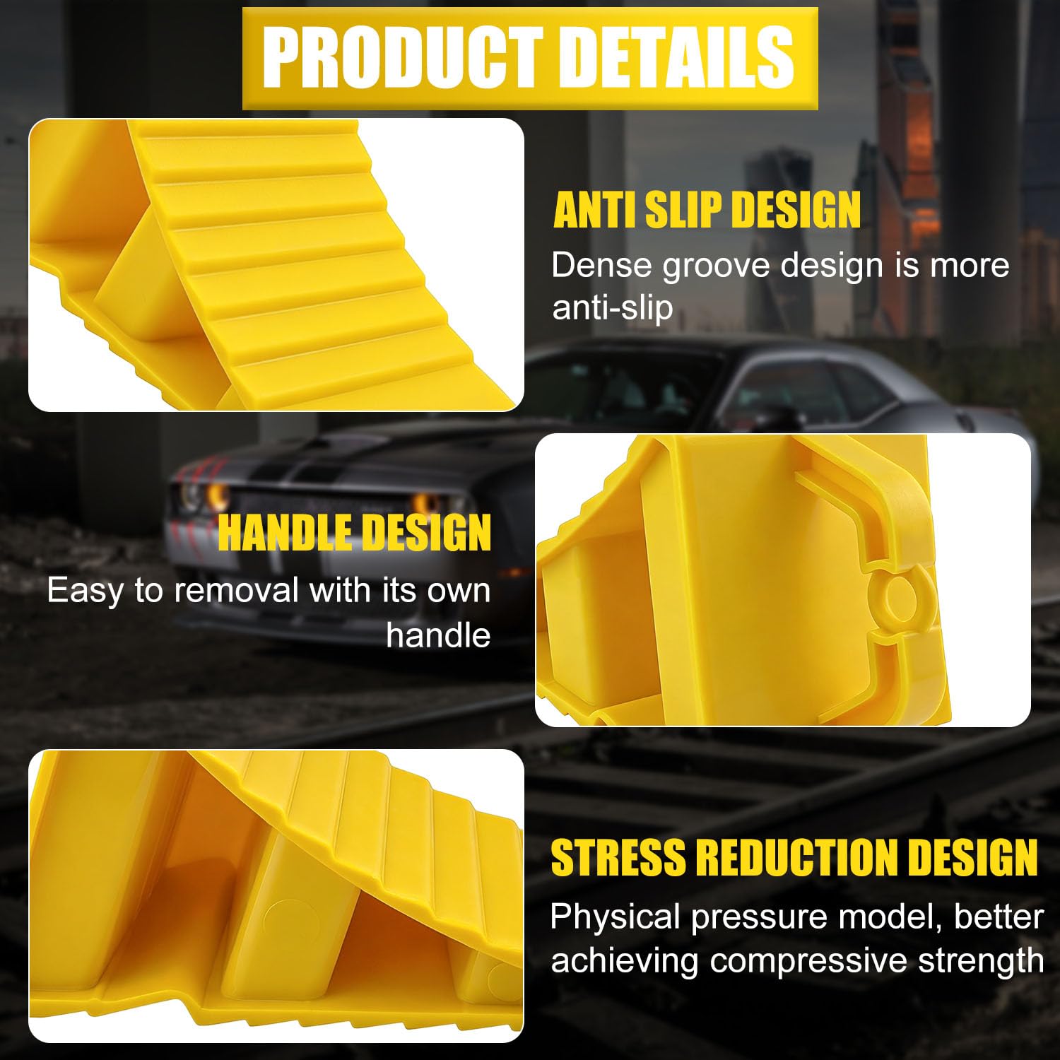 Cunei, 2 pezzi con impugnatura, cunei frenanti per camion, auto, rimorchio, roulotte, camper, con 20 adesivi riflettenti