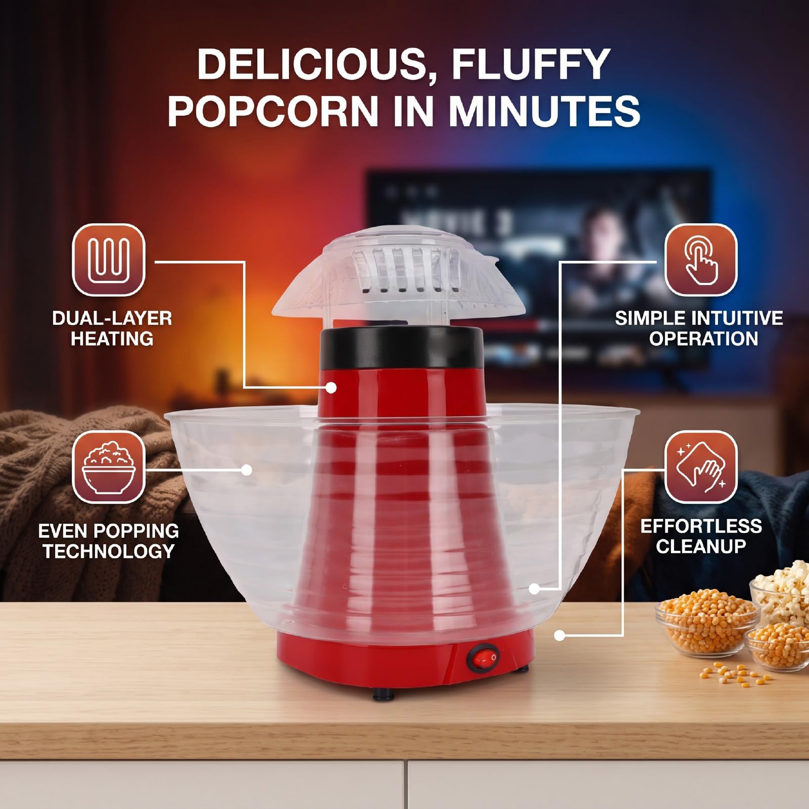 Qcwwy Automatyczna Maszyna do Popcornu z misą | Podwójna warstwa szybkiego ogrzewania, prosta obsługa przyciskiem, łatwe do czyszczenia, kompaktowy rozmiar, na imprezę