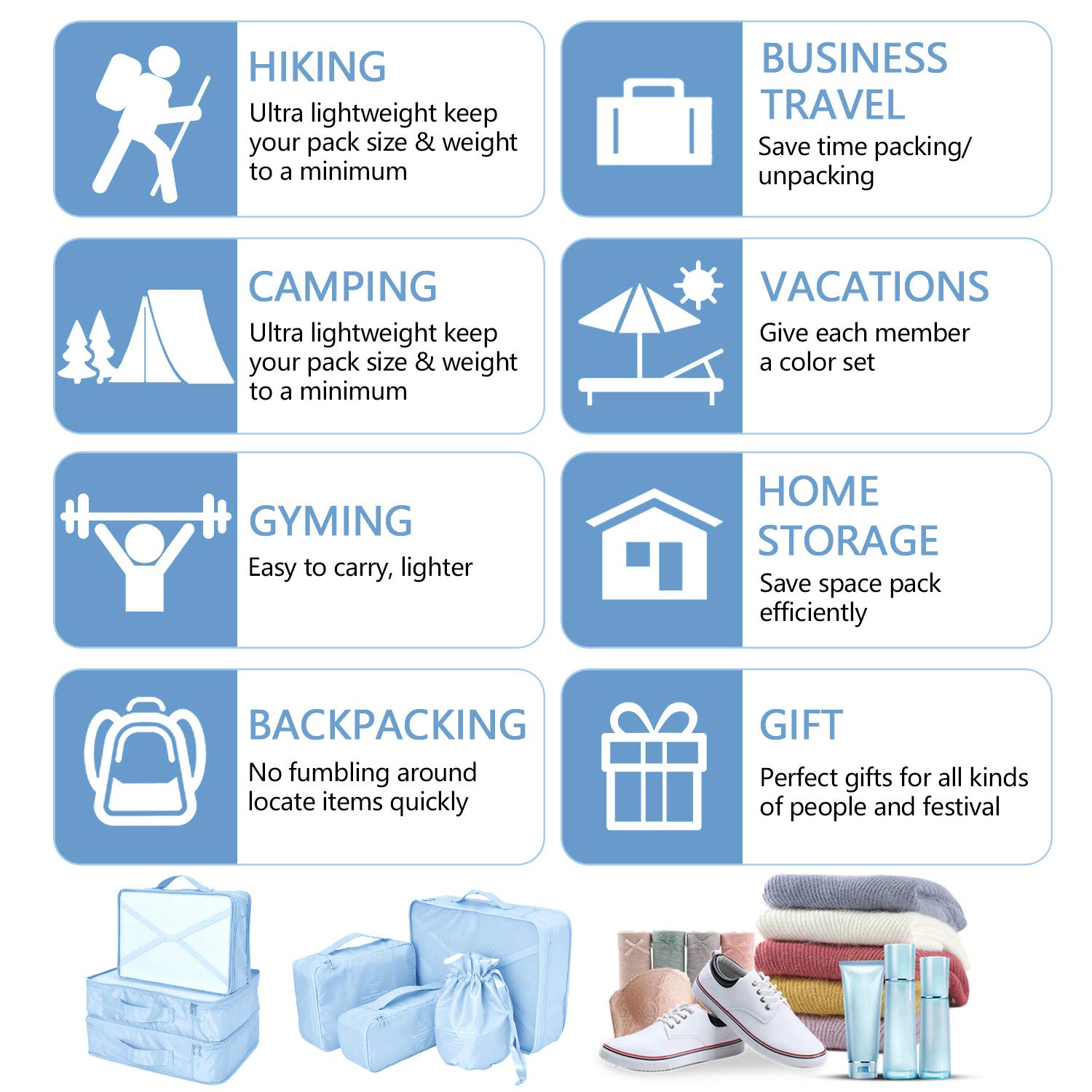 Organizer per valigie 8 pezzi ultimi viaggi organizzatori di viaggio di progettazione includono impermeabile sacchetto di stoccaggio scarpa sacchetti di compressione per il viaggia