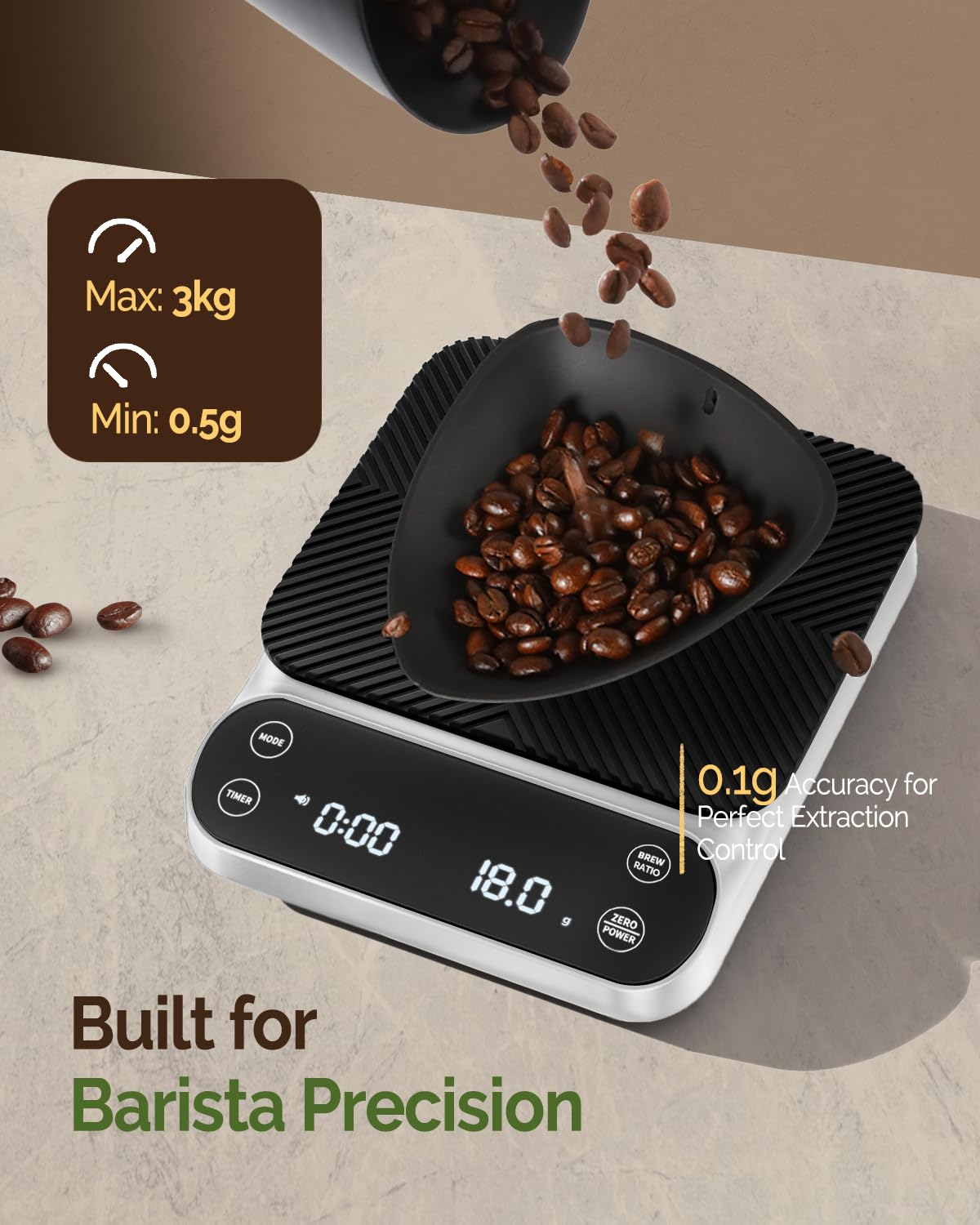 Maestri House S3 Balance à café avec minuteur, 3 kg/0,1 g, balance numérique rechargeable, 3 modes d'infusion, rapports réglables et affichage du débit, qualité barista pour verser, expresso