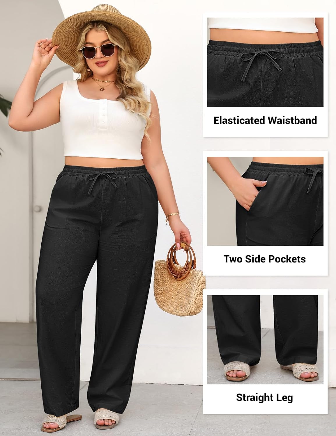 Yusongirl Women's Cotton Linen Summer Plus Size Pants Casual Drawstring Wide Straight Leg Beach Comfy Trousers with Pockets - Image 4