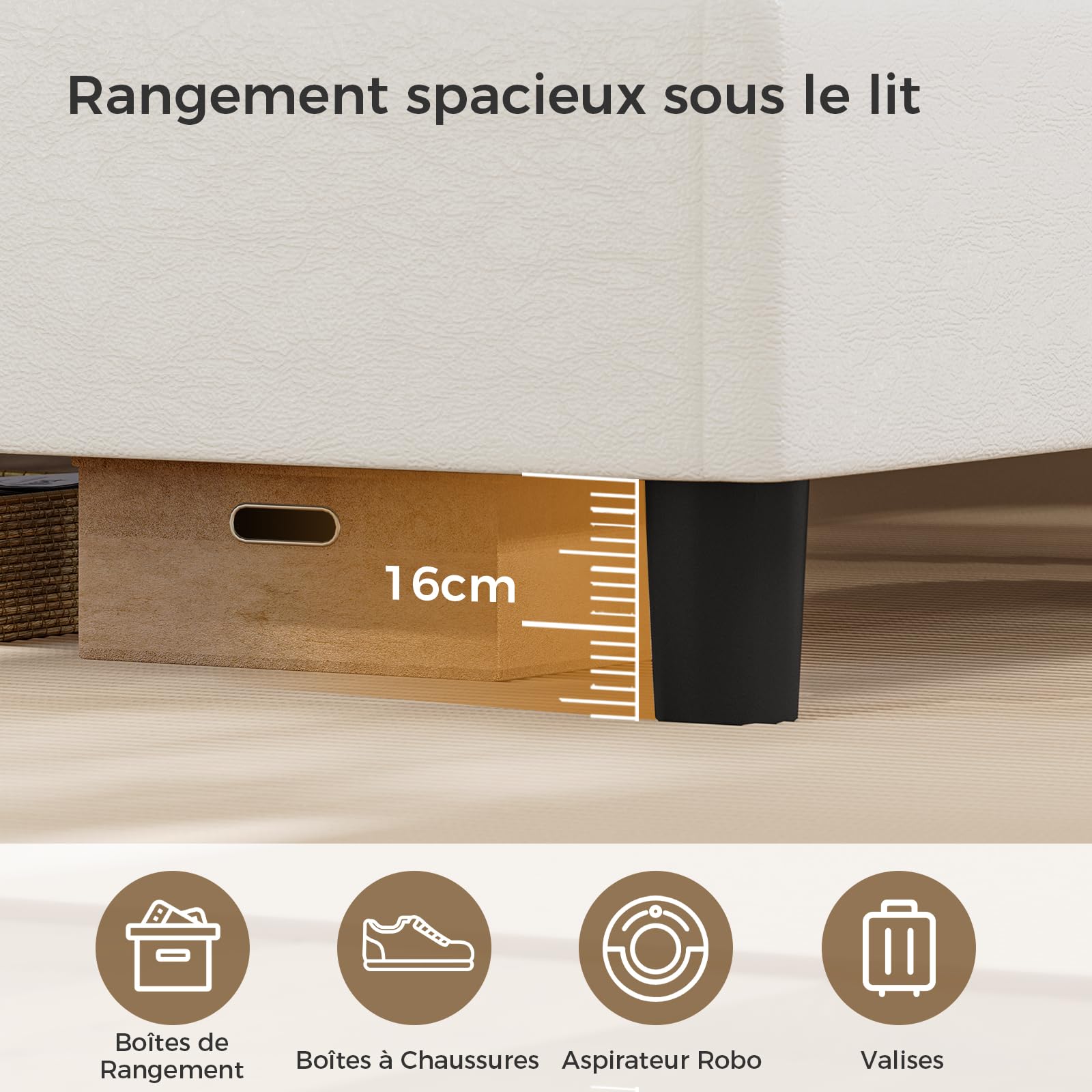 KIMENICH Lit 140x190 avec Sommier, Lit Double avec LED Réglable et Multiprise, Étagères Ouvertes et Rangement sous Sommier, Cadre de Lits 140x190 Capitonné, PU Blanc