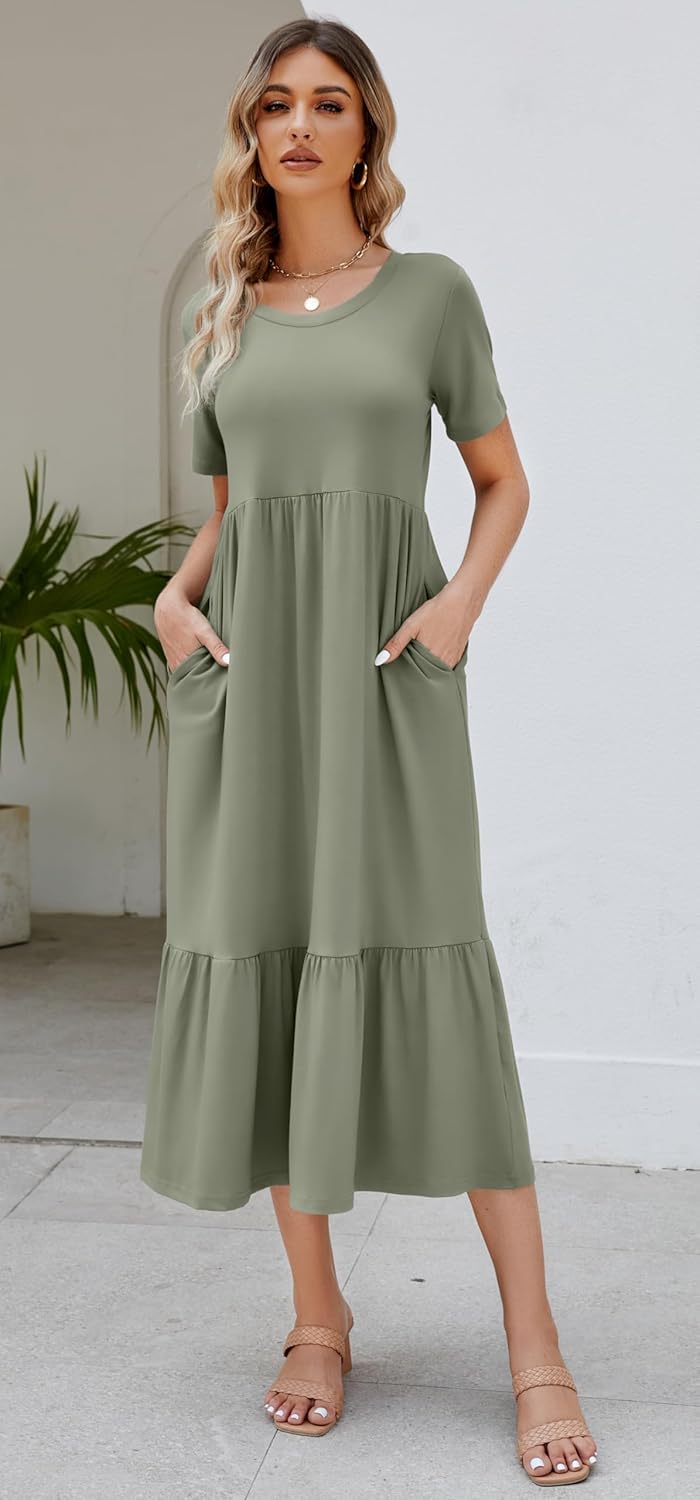 Summer Dresses for Women Flowy Maxi Sundress Short Sleeve Tiered Beach Dress with Pockets 2026 Vacation Travel - Image 2