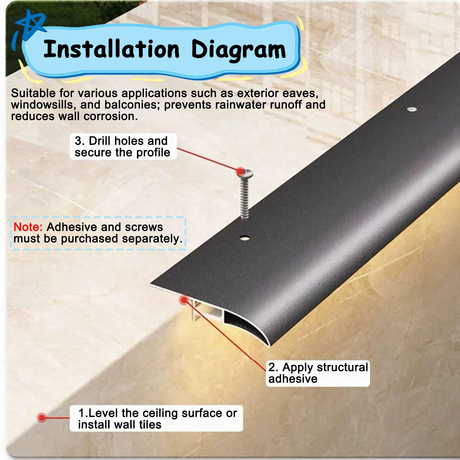 Borde goteo Perfil vierteaguas pico de ave con canal LED, remate alero techo aluminio, perfil impermeable desviador lluvia y protección borde muro exterior(8 PSC)