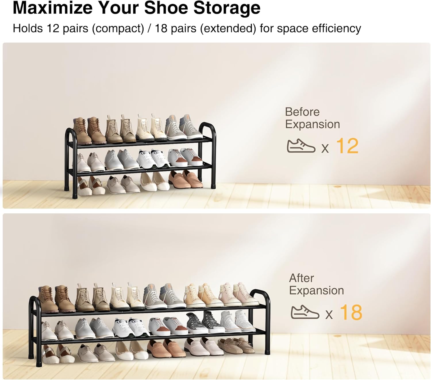 STO STO Long Expandable Shoe Rack 2-Tier, Adjustable Length 33.7”–47.5” Shoe Organizer, Metal Shoes Storage Shelf, Holds Up to 18 Pairs, Non-Slip Feet, for Closet, Entryway, Hallway, Front Door, Black