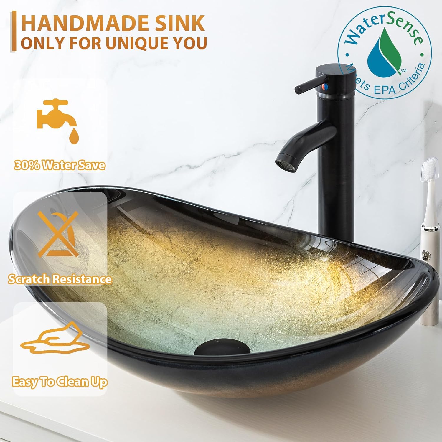 eclife 36" Modern Bathroom Vanity Sink Combo Freestanding Cabinet with Small Side Cabinet, Champagne Boat Glass Vessel Sink, Water Save Faucet, Drain (Black+A29CH)