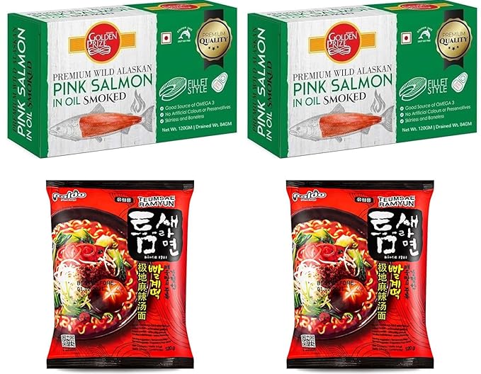 Golden Prize Smoked Pink Salmon Fillets in Oil 120 Gms (2 Units) and Paldo Teumsae Ramyun Noodles 120 Gms (2 Units), Combo Pack, Pack of 4