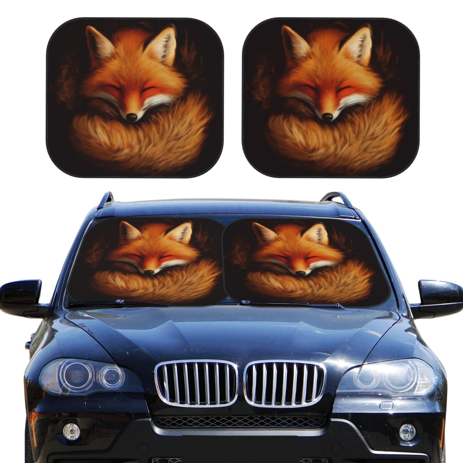 DelerainRed Fox Sleeping Car Windshield Sun Shade, 2-Piece Foldable Car Front Window Sun Shades Blocks UV Rays Sun Visor Protector Keeps Your Vehicle Cool Fit for Most Sedan SUV Truck, Small