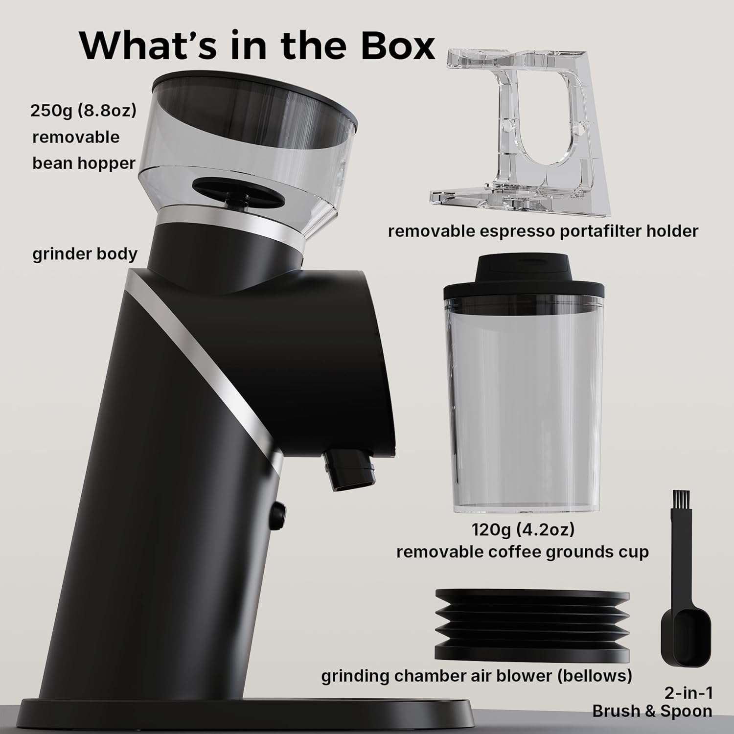 TALIA Coffee Grinder Electric Coffee Bean Grinder with 48mm Titanium Plated Conical Burrs, 51 Grind Settings for Espresso to French Press, Touch Control, Time & Cup Customization, Portafilter Holder