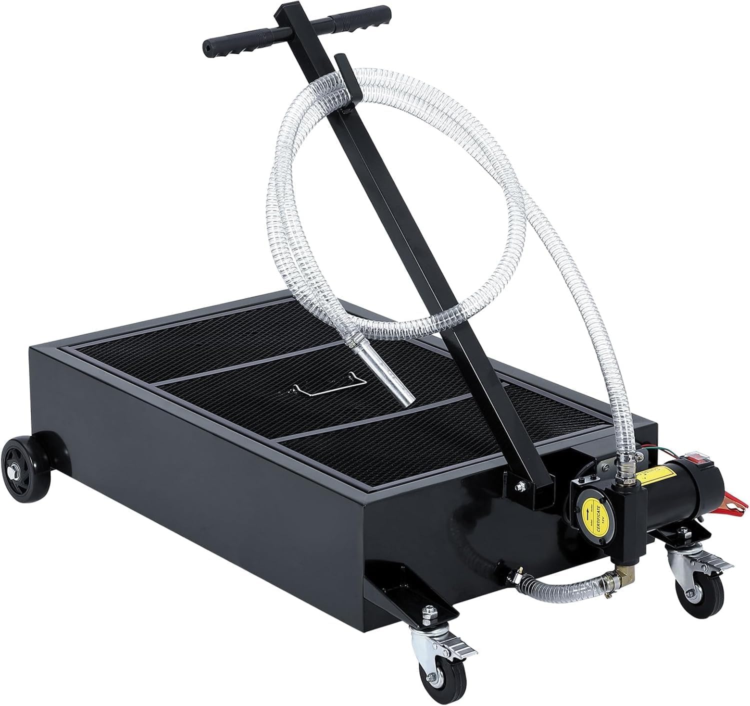 Low Profile Oil Drain Pan 20 gal with 12V Electric Pump, 8.2ft Hose & Folding Handle, Rolling Drain Cart for Cars Trucks SUVs RVs, Leak-Proof Heavy-Duty Oil Change Pan for Garage Workshop,Black