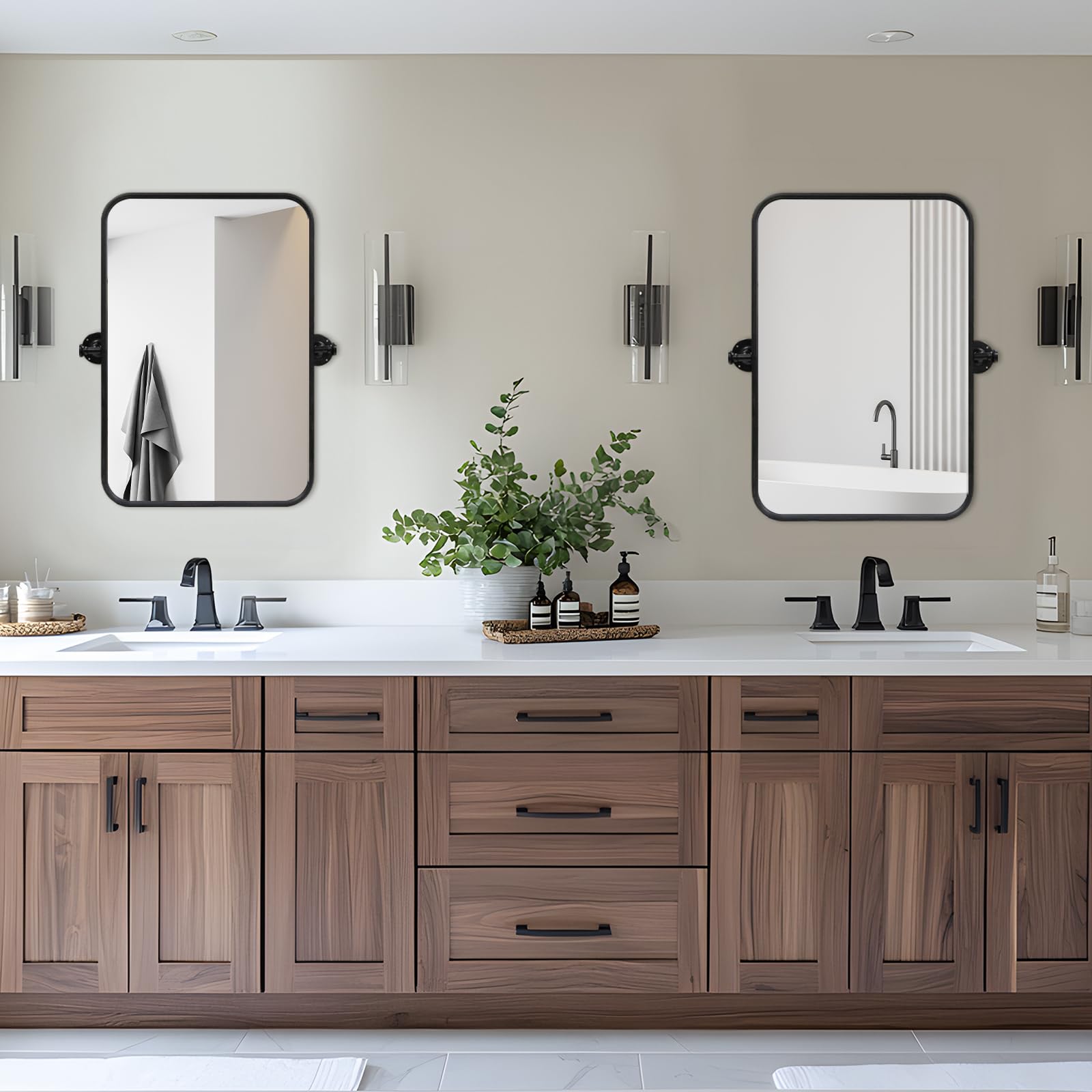 Specchio girevole per bagno, 61 x 91,4 cm, con cornice in metallo nero, specchio rettangolare arrotondato, inclinabile, da appendere solo in verticale
