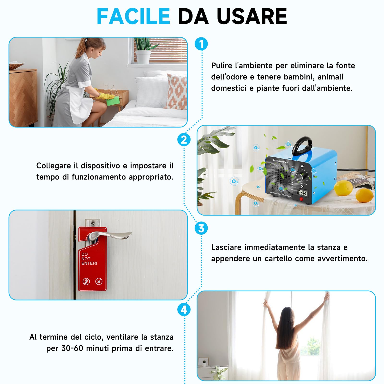 Generatore di Ozono 60000mg/h, Purificatore d'Aria Ozono con Display della Temperatura e Dell'umidità e Timer da 120 minuti, Ozonizzatore per Auto, Casa, Fumo, Odori di Animali Domestici e Cucina