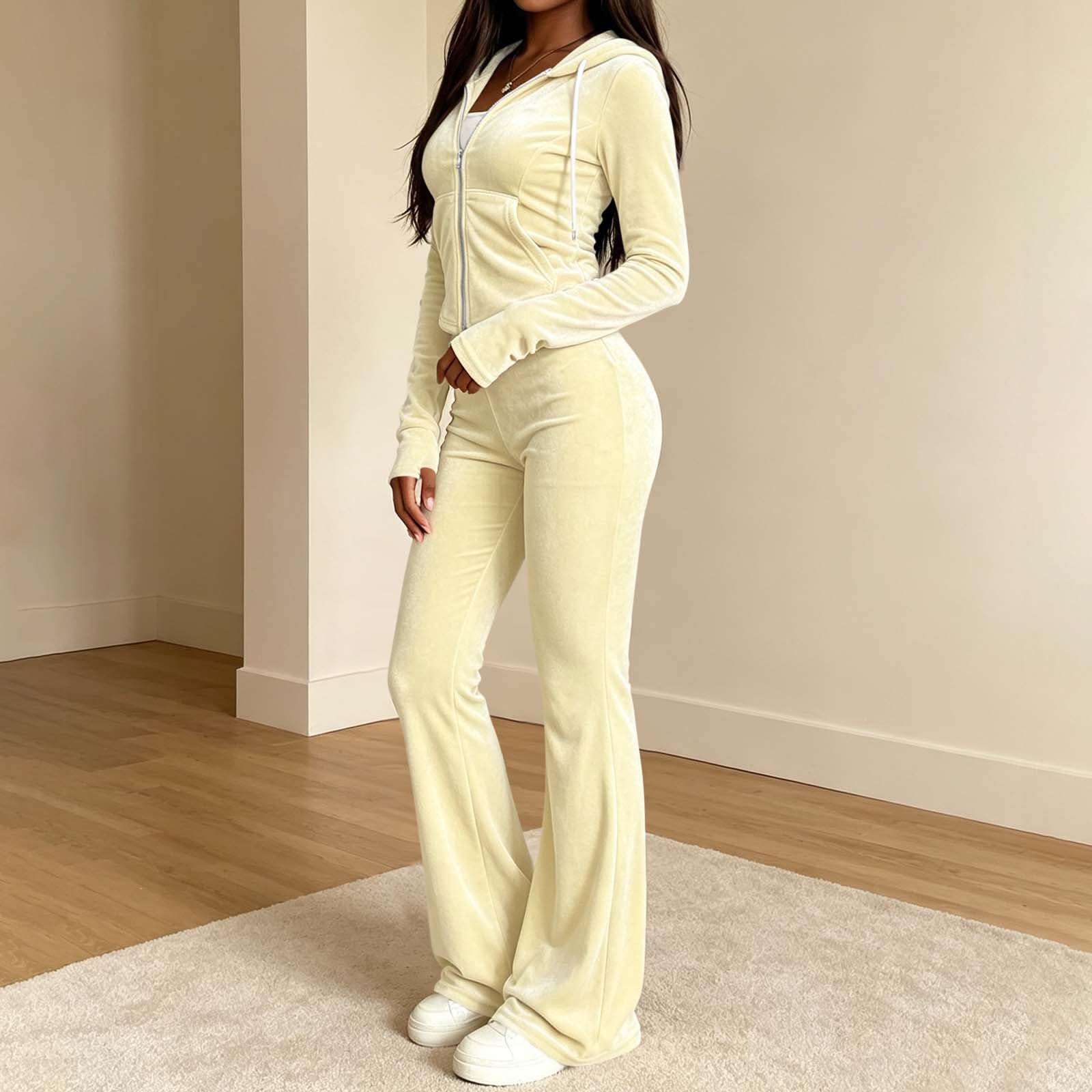 Tuta da donna in velluto, set da 2 pezzi, con cerniera, maniche lunghe, con cappuccio, svasato, pantaloni da jogging casual slim abbigliamento sportivo Bootcut palestra allenamento Activewear