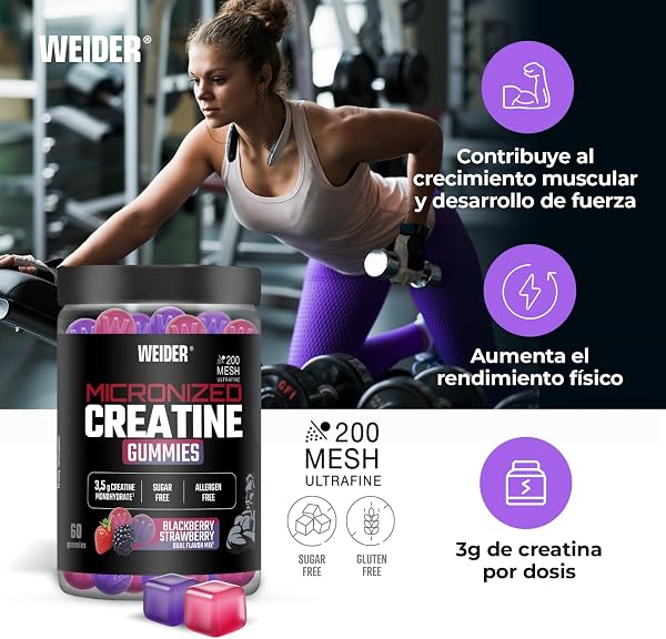 Weider Weider Micronized Creatine Gummies (60 gominolas) Sabor DUO Fresa-Mora, con 3,5g creatina monohidrato 200 MESH/porción, Certificado por laboratorio Europeo, ayuda al rendimiento físico (20 porciones) in use