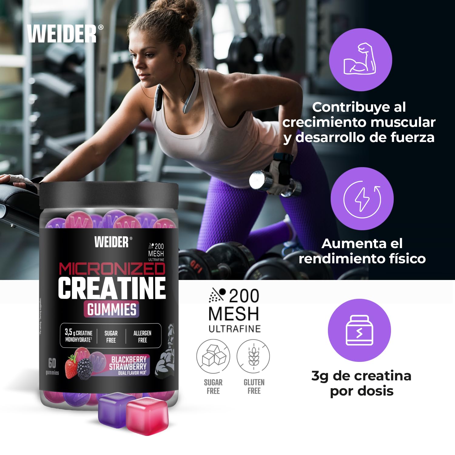 Weider Weider Micronized Creatine Gummies (60 gominolas) Sabor DUO Fresa-Mora, con 3,5g creatina monohidrato 200 MESH/porción, Certificado por laboratorio Europeo, ayuda al rendimiento físico (20 porciones) in use