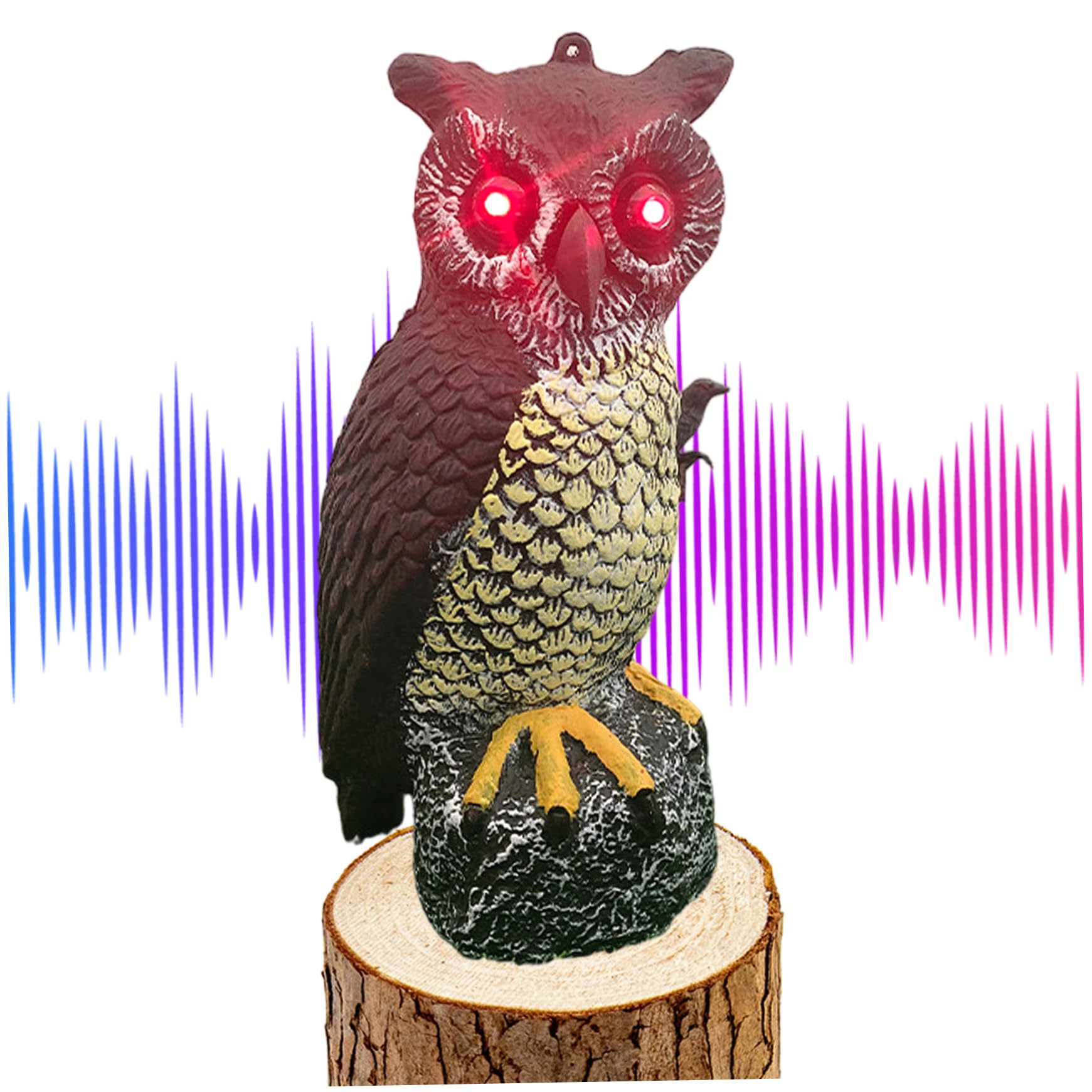 Señuelos de búho para ahuyentar pájaros con estatua de plástico solar y sonido de mesa