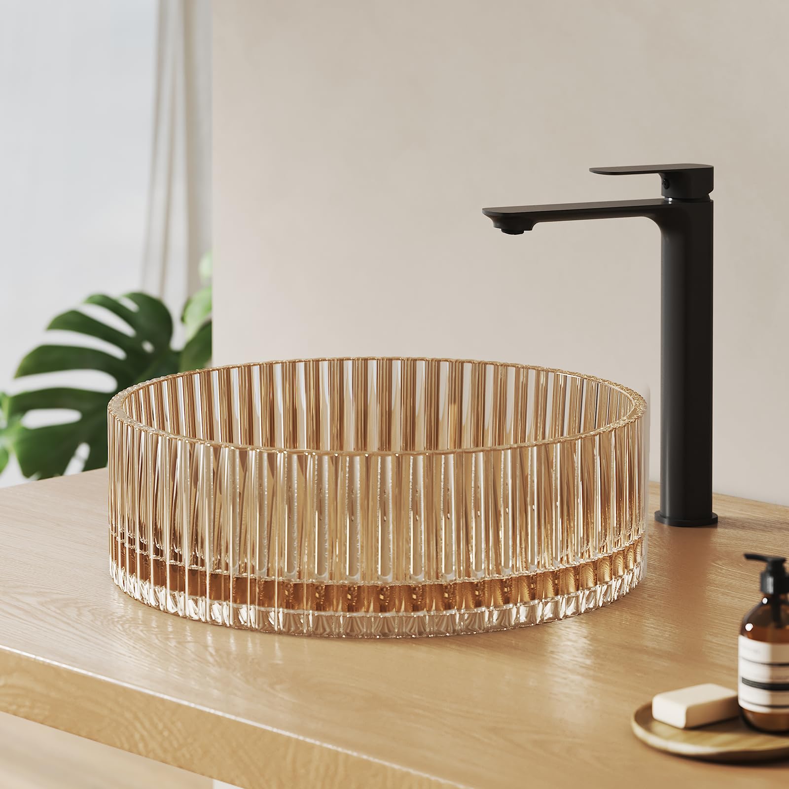 EMKE Lavabo da appoggio in vetro rotondo 40,0 × 40,0 × 12,0 cm – Design lavabo in vetro grande volume per bagno e WC degli ospiti, lavabo senza foro per rubinetto, oro rosa
