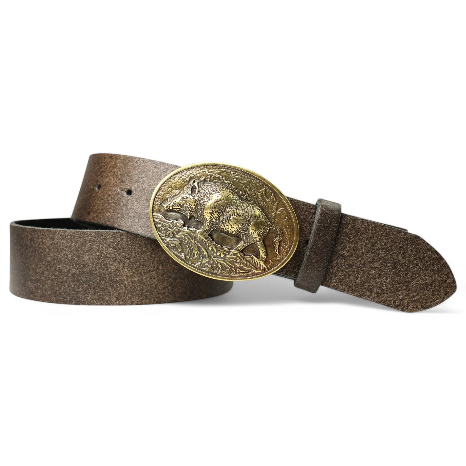 FRONHOFER Trachtengürtel Büffelleder 4 cm Breite Wildsau Messingschnalle 7,5 x 6 cm Druckknopfsystem Größen 95-125 Made in Germany Landhausmode Jagd