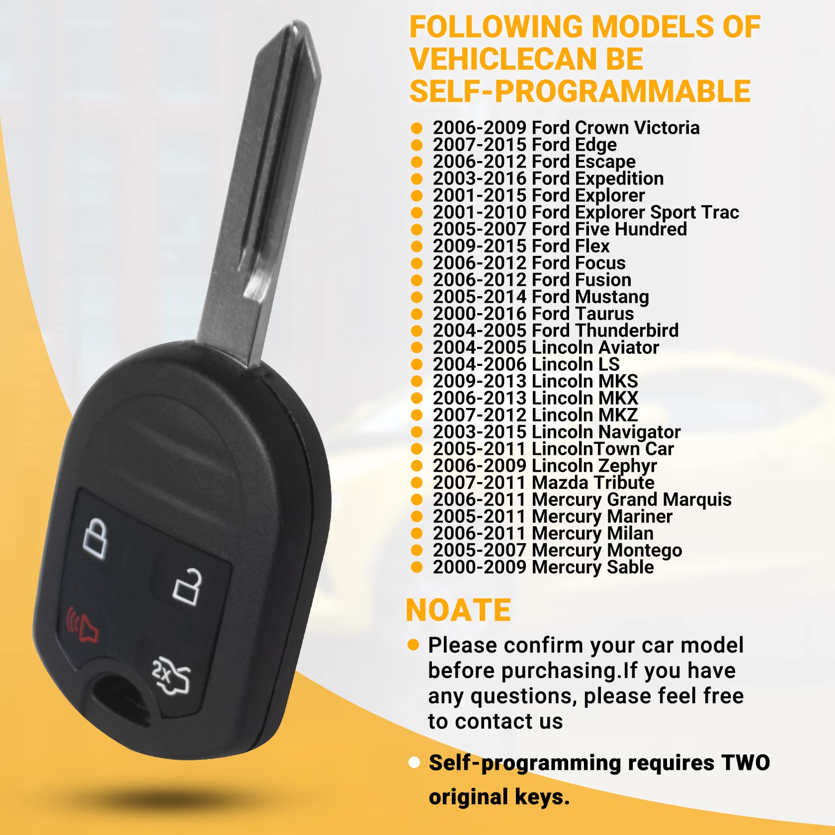 Telecomando di ricambio per chiave auto, compatibile con Ford Explore, Mustang, Expedition, Focus, Edge, Lincoln, Mazda, Mercury, 4 pulsanti, CWTWB1U793, confezione da 2