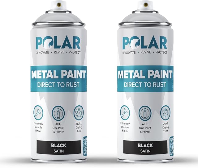 Polar Satin Black Direct to Rust Spray Paint - 2 x 13.5fl. oz - Protect and Stop Rust & Corrosion - Primer, Undercoat, Topcoat - Quick Dry Formula - Ideal for Metal, Wood, Plastic and Ceramic Surfaces