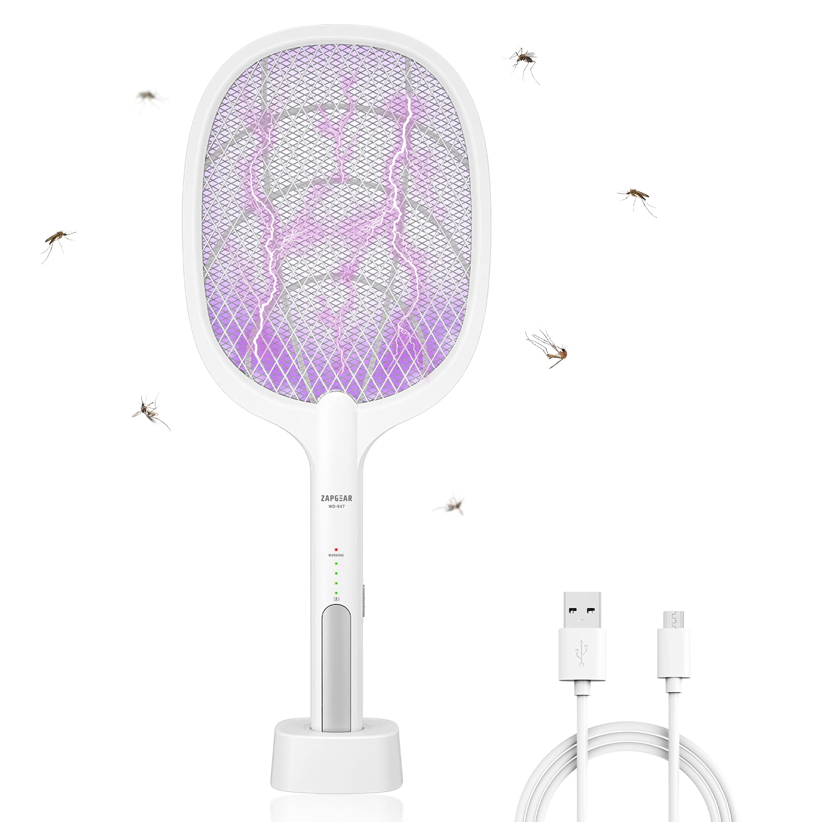 Bug Zapper, ZAPGEAR USB Rechargeable Electric Fly Swatter, 1200mAh with Charging Base, Home Night Lamp, 2500 Volt Mosquito Zapper, Indoor Mosquito Killer & Insect Killer Against Flies, Moths