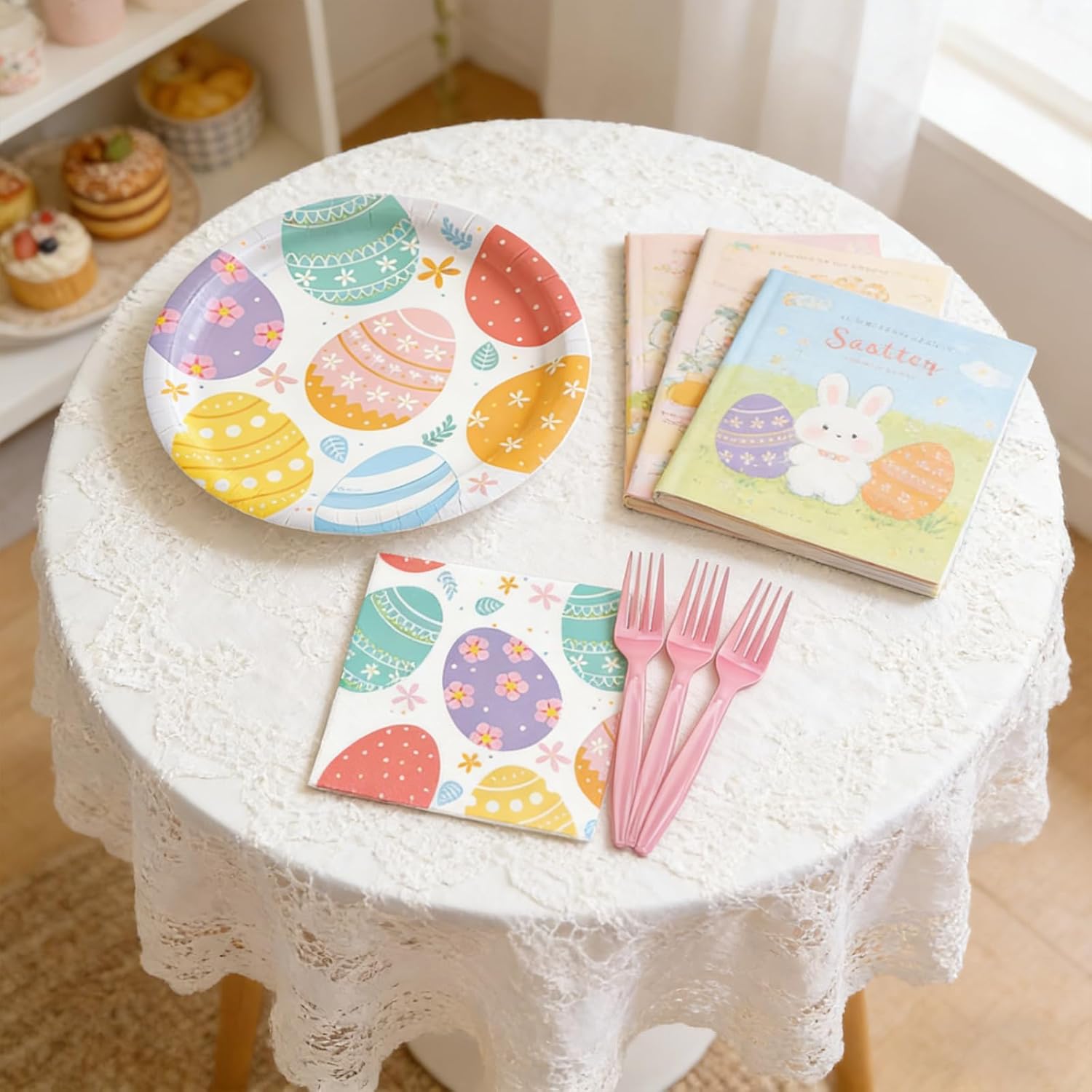 96Pcs Easter Tableware Set- Colorful Eggs Pattern Disposable Dinnerware with Paper Plates, Napkins, Forks for Holiday Dinners, Parties, and Spring Celebrations, Serves 24