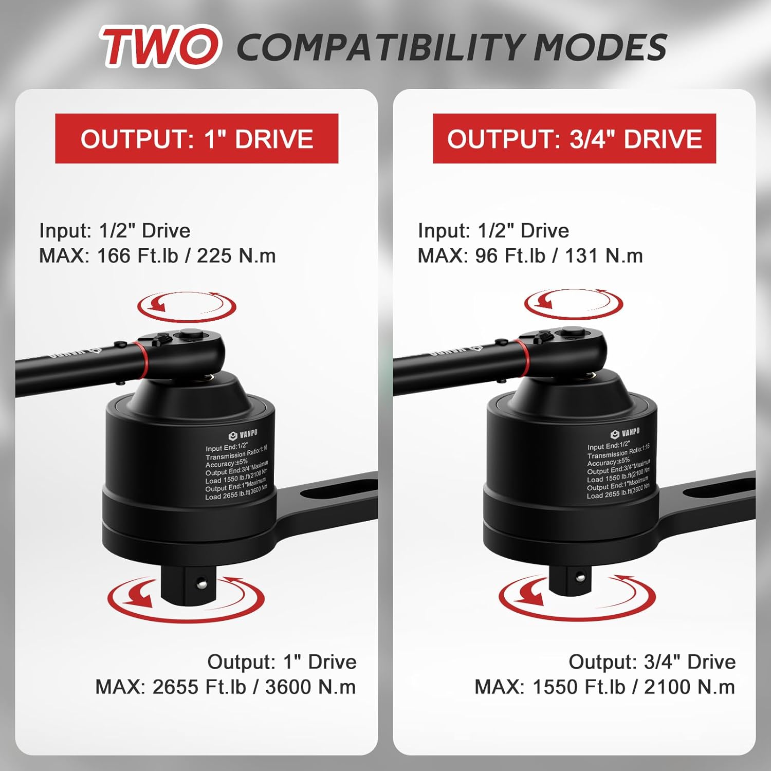 VANPO Torque Multiplier, 1/2" Drive Input to 3/4" & 1" Dual Output, Max 2655 Ft.lb/3600 N.m, 1:16 Ratio Heavy Duty Torque Multiplier Wrench Set with 1/2" Torque Wrench (20-220Nm) & 4 Impact Sockets