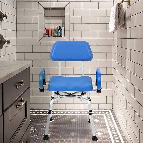 Miniatura 6 de iLIVING ILG-638 Silla de ducha giratoria para bañera y ducha con asiento acolchado, respaldo y brazos, y altura ajustable, color azul