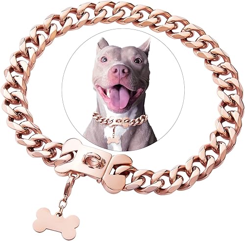 Miniatura 1 de Collar de perro resistente de acero inoxidable con eslabones cubanos de oro rosa para perros pequeños, medianos y grandes, collar de lujo para perro