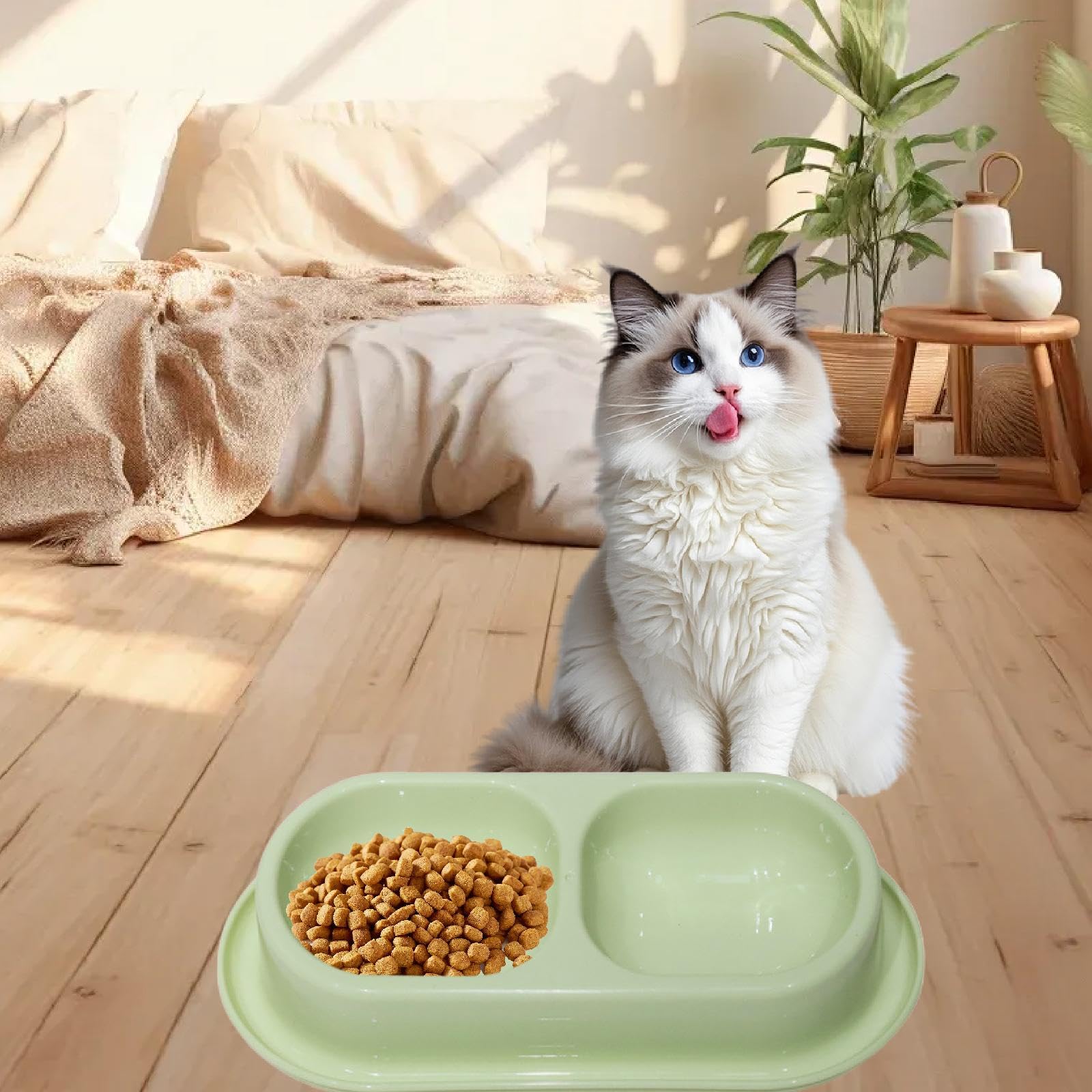 Whtkoph Cat Water and Food Bowl Feeder Food Dispenser Feeding Dish Non Skid for Watering Puppy, Light Green