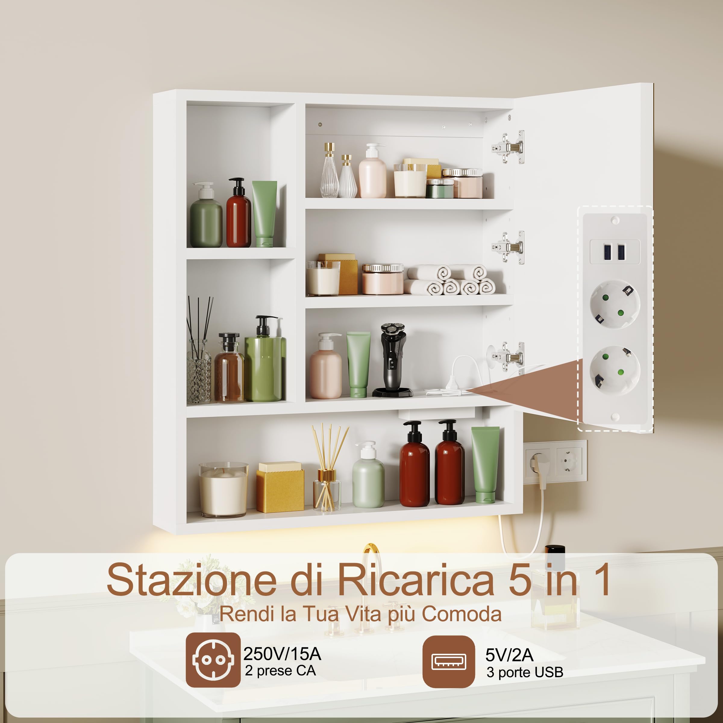 Specchio Bagno Contenitore con 3 Colori Luce e 2 AC/3 USB, Armadio Specchio Bagno con Deumidificazione con 1 Tocco e Funzione di Memoria & con Mensola Regolabile(70x80x16 cm,Bianco)