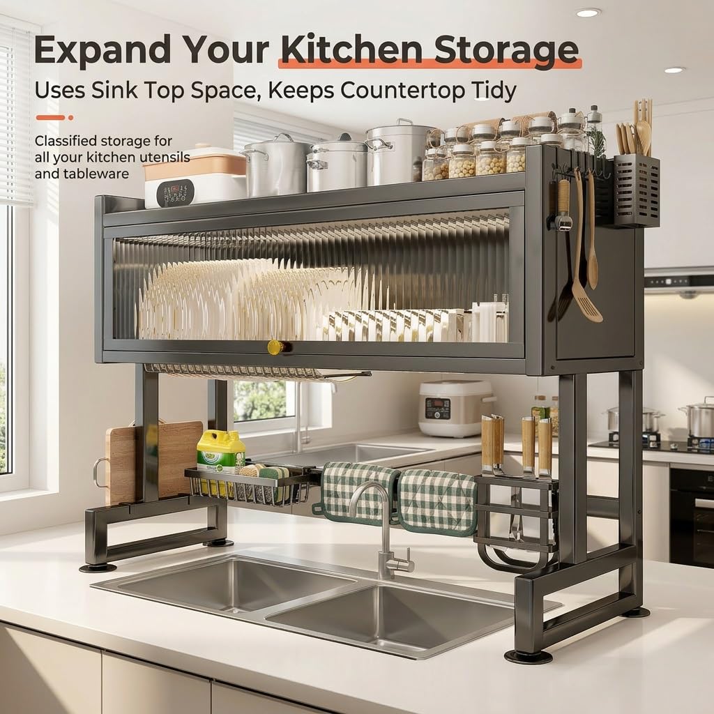 Escurridor de Platos sobre el Fregadero, | Estante secado acero al carbono con estructura estable en H, Organizador cocina(Nero,65cm/25.5in)