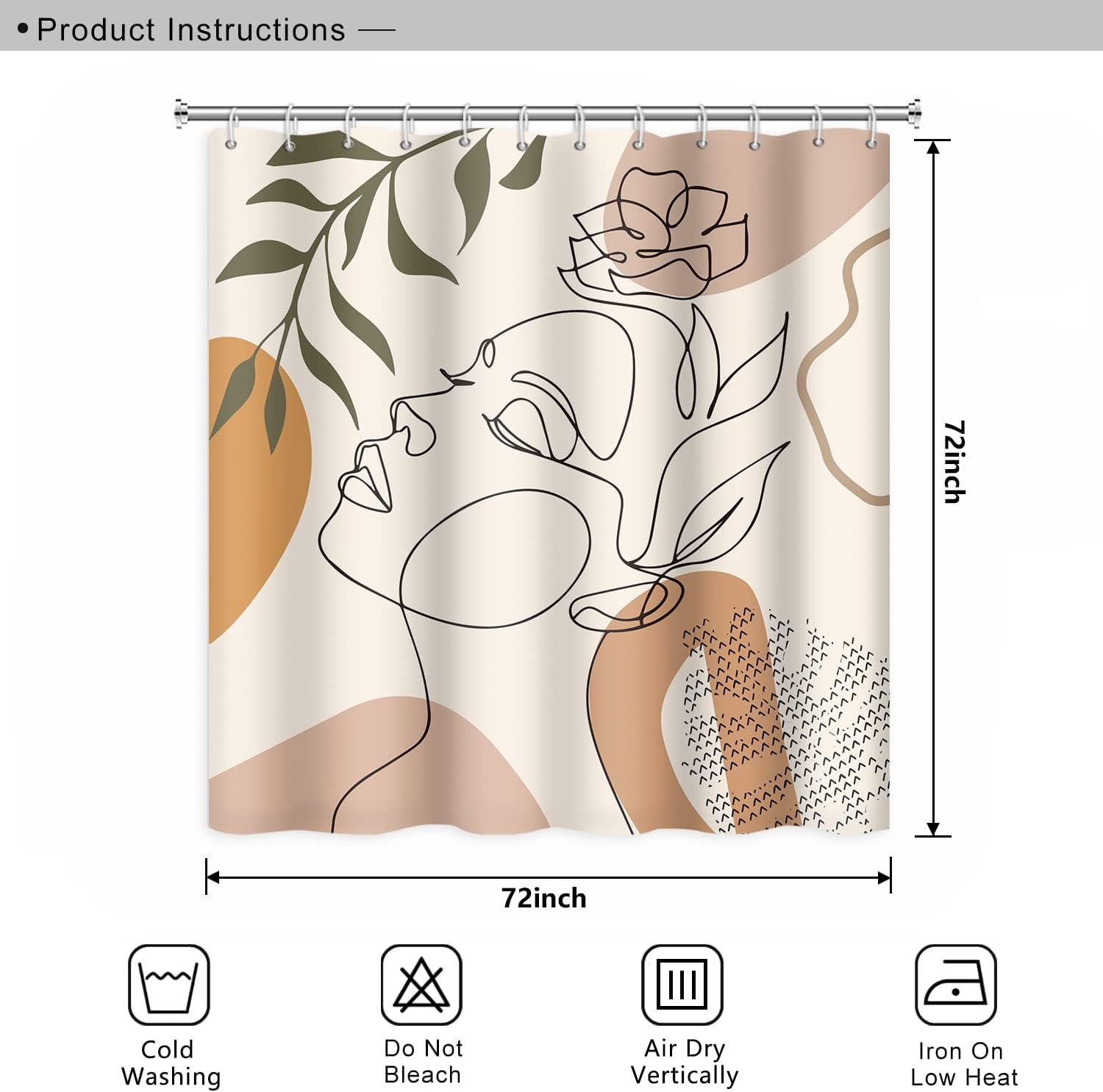 Abstract Woman Face Bathroom Shower Curtain - Mid Century Boho Modern Geometric With Hooks, Polyester Waterproof Fabric, Minimalist Art Line Aesthetic, 72x72 Inch