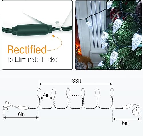 Miniatura 2 de Brizled Luces blancas C9 de Navidad para exteriores, 33 pies, 50 luces LED facetadas, cuerda conectable, certificación UL, impermeable, para