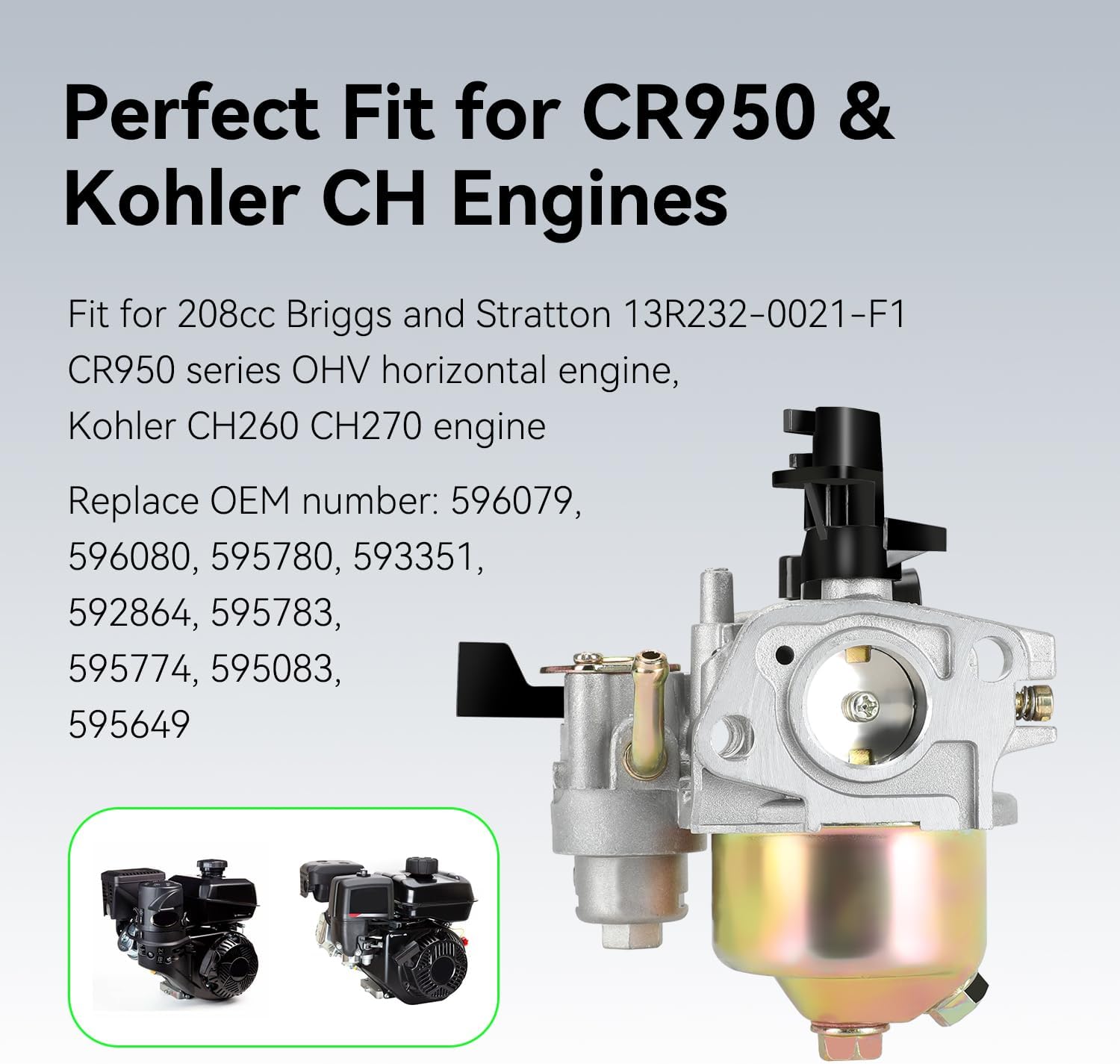 CR950 Carburetor Kit Compatible with Brigs and Straton 208cc 6.5HP OHV Engine, 950 Series Carb Replacement for 13R232-0021-F1 Craftsman Husqvar-na Troy Bilt Gas Pressure Washer Parts