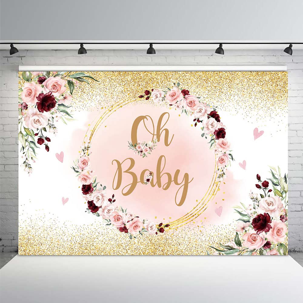 Hintergrund Für Babyparty „Oh Baby It's A Girl“ – 210x150 Cm, Rosa Mit Hasen & Blumen, Aus Polyester