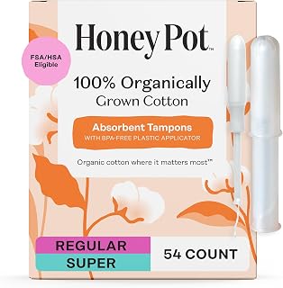 Honey Pot Organic Cotton Tampons Multipack: Regular & Super Absorbency, Bio-Plastic Applicator, Unscented - 54 Count Feminine Care