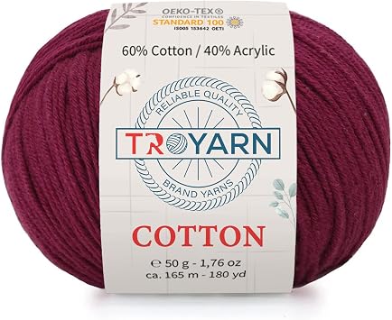 Troyarn Cotton 60% Cotton 40% Acrylic Yarn, Soft, Fine/Sport 2 for Crochet and Knitting 1.76 Oz 50g / 180 Yds 165m 10342 - Claret Red