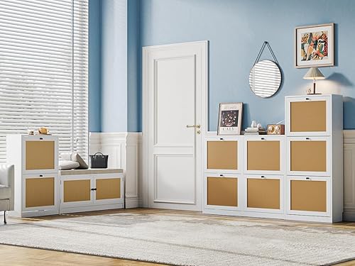 Miniatura 8 de Anmytek Armario grande de almacenamiento de zapatos de ratán natural con 4 cajones abatibles, armario de almacenamiento de zapatos independiente con