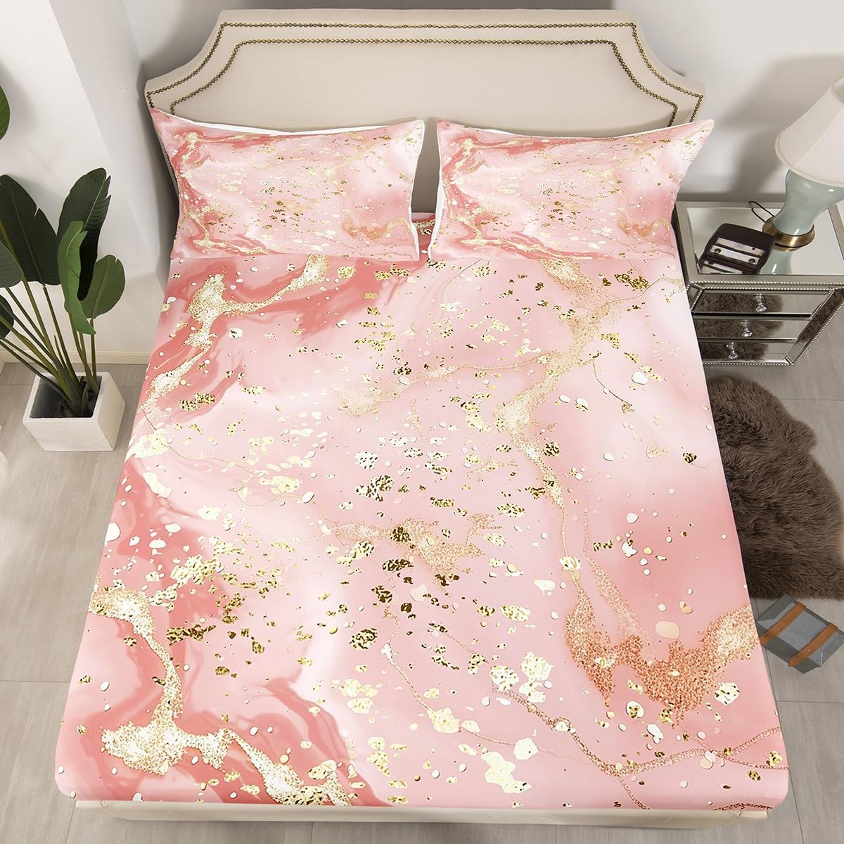 Manfei Marble Texture Fitted Sheet Pink Marble Pattern Golden Sequins Print Bedding 3pcs Microfiber Bed Sheet Set (1 Fitted Sheet + 2 Pillow Cases) Queen Size