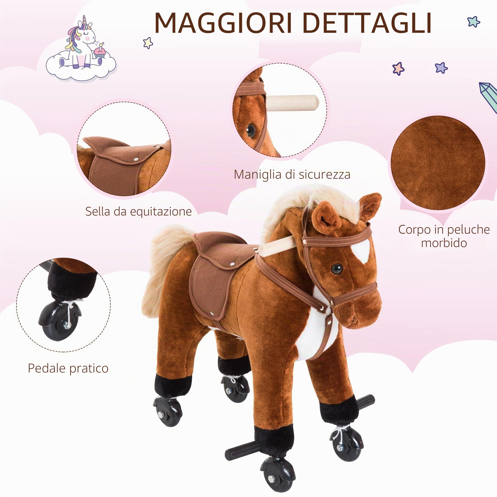 HOMCOM Cavallo per bambini +36 mesi cavallo di peluche con 4 ruote, effetto sonoro, poggiapiedi e manubrio, portata 60 kg 55x23x60 cm Marrone