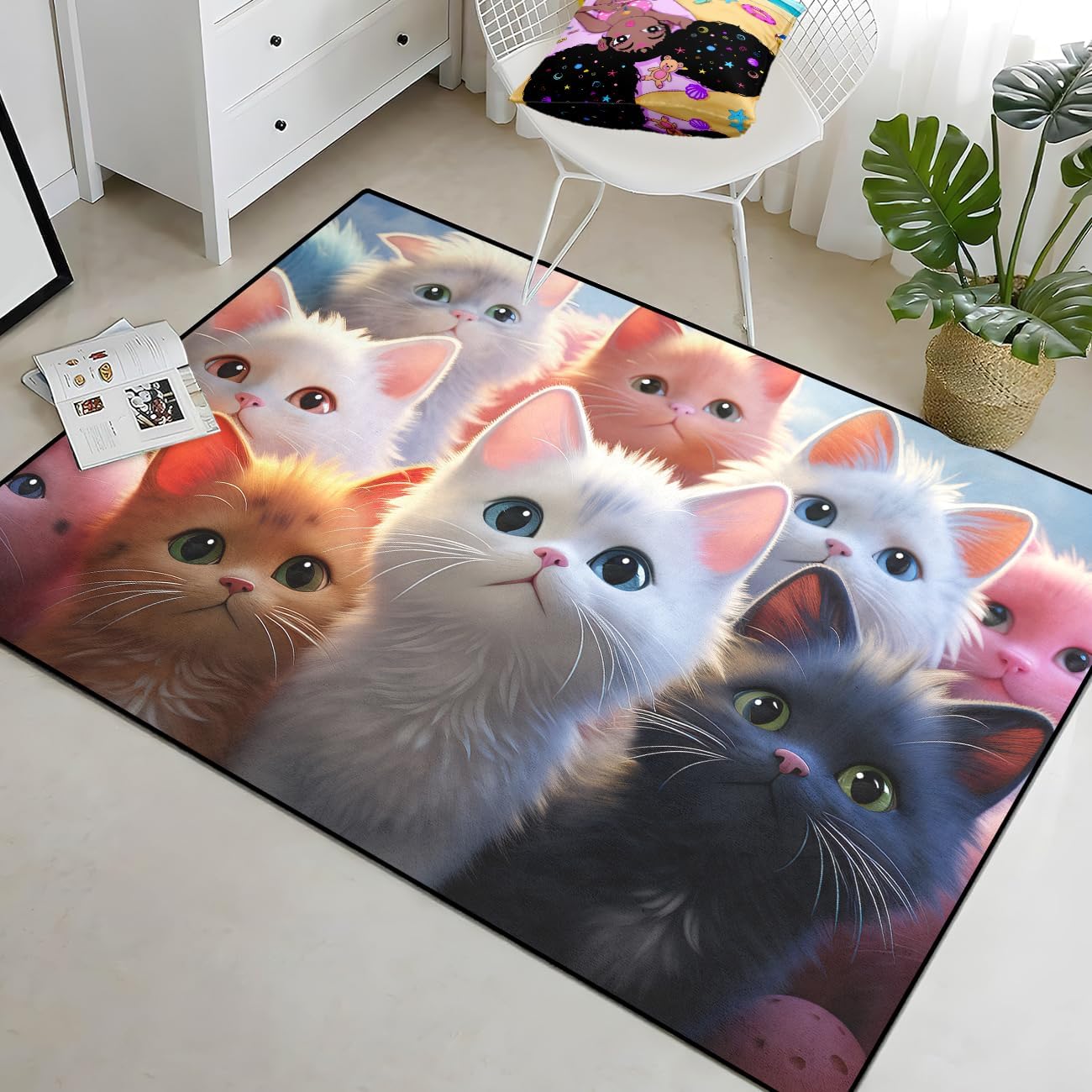 Cat Area Rug - Cartoon Cat Rug for Bedroom Living Room Playroom Lovely Animal Carpet for Boys Girls Room Deocr, Colorful, 5x7 Feet