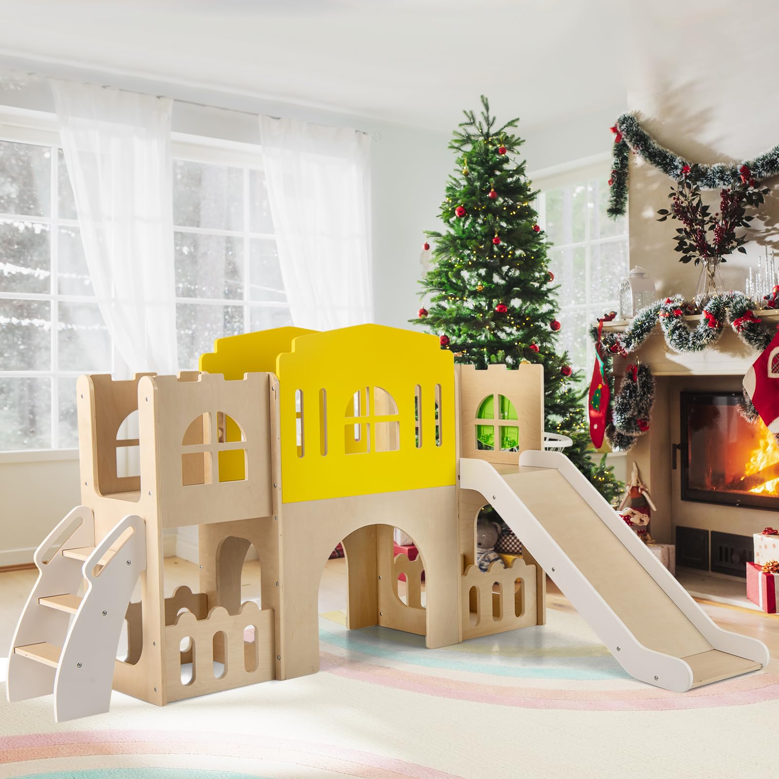 COSTWAY 7-in-1 Kinder Rutsche, Kinderrutsche mit Kletterleiter & Basketballkorb & Tunnel & Stauraum, Klettergerüst Indoor, Holz Spielplatz für Kinder ab 3 Jahren
