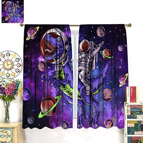 Miniatura 3 de Divertidas cortinas opacas de dinosaurio para dormitorio de niños, diseño de astronautas de caricaturas, galaxia morada, planetas, universo, para