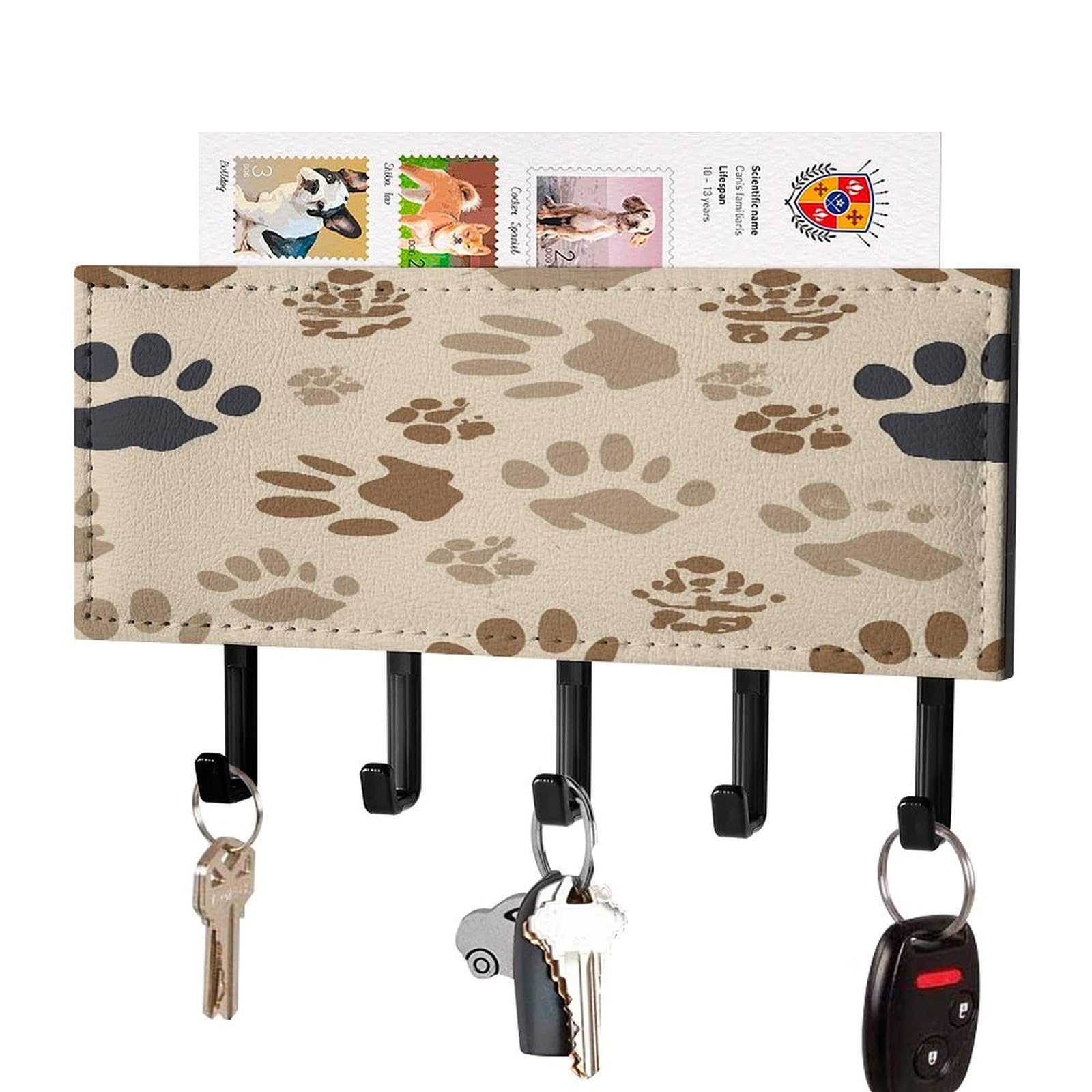 Fekiloot Black-Style Bone And Paw Print Key Holder Wall Mount Key Hanger With 5 Hooks Decorative Key Rack Hanging Key Hooks With Mail Organizer Key Holder For Wall Living Room Kitchen Bathroom Hallway Black