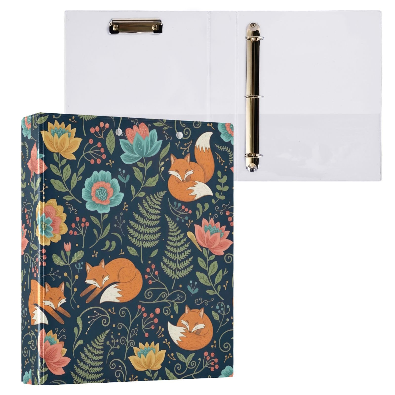 Raccoglitore a 3 anelli, vintage, motivo floreale, volpe, blu navy, confezione da 2